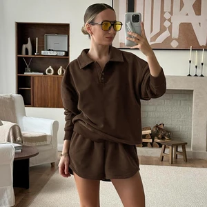Autumn Winter 2024 Vintage Brown Knitted Terry Shorts Sets Female Outfits Office Polo Sweatshirts Baggy Shorts Two Pieces Set