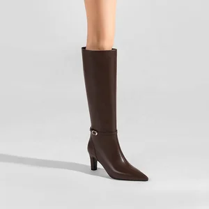 Moncheer Women's Western Elegant Mid Stiletto Heel Knee-High Brown Boots Pointed Toe PU Leather Anti-Slip Winter OEM ODM