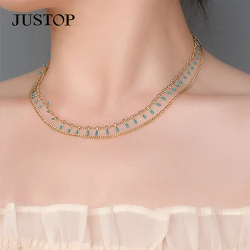 New Arrival 18K Gold Plated Choker Necklace Stainless Steel Enamel Tassel Layered Necklaces For Women