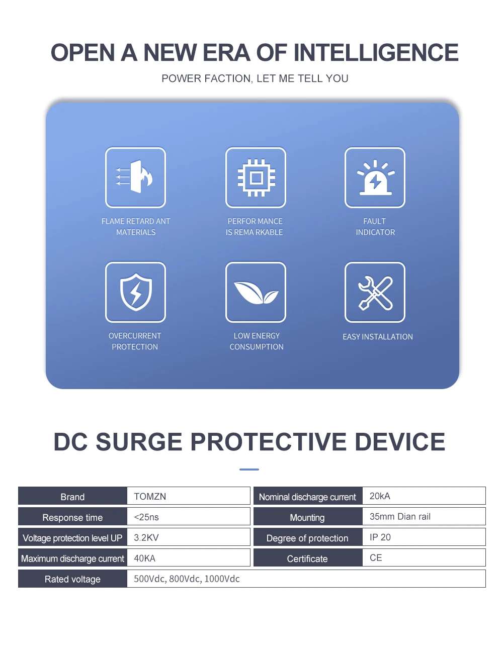 SPD DC 1000V 20KA~40KA House Surge Protector Protective Low-voltage Arrester Device