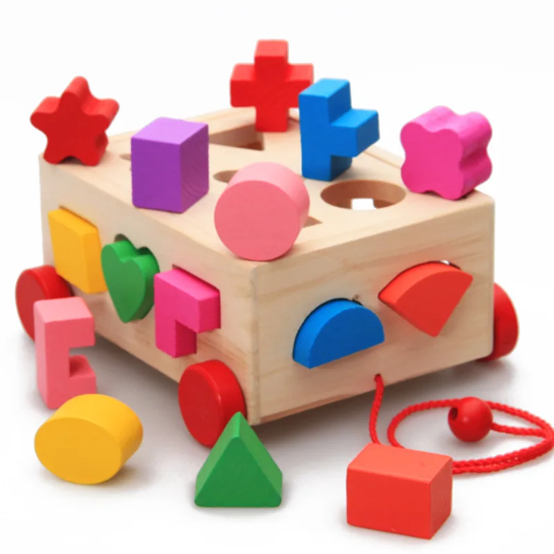 Montessori Wooden Shape Puzzle Sorting Toy Shape Sorter Car Toy Wooden Pull Push Car Educational Toys for Toddlers Kids Gift