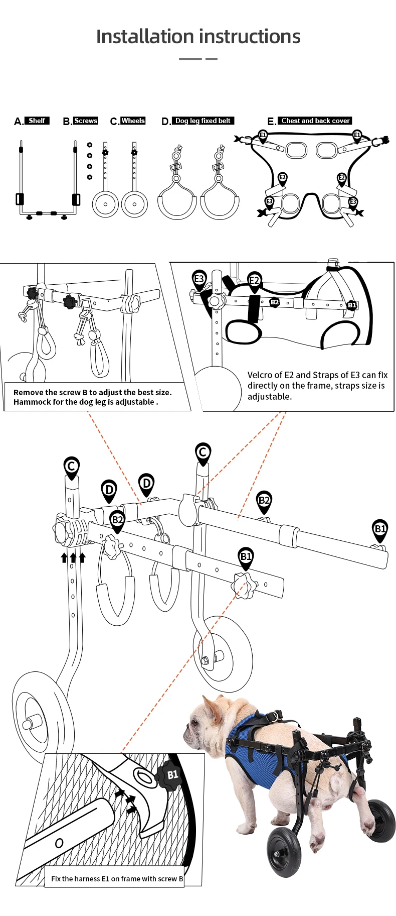 Top Sellers Adjustable Dog Cart 2 Wheels Chair Mobility Disabled Dog