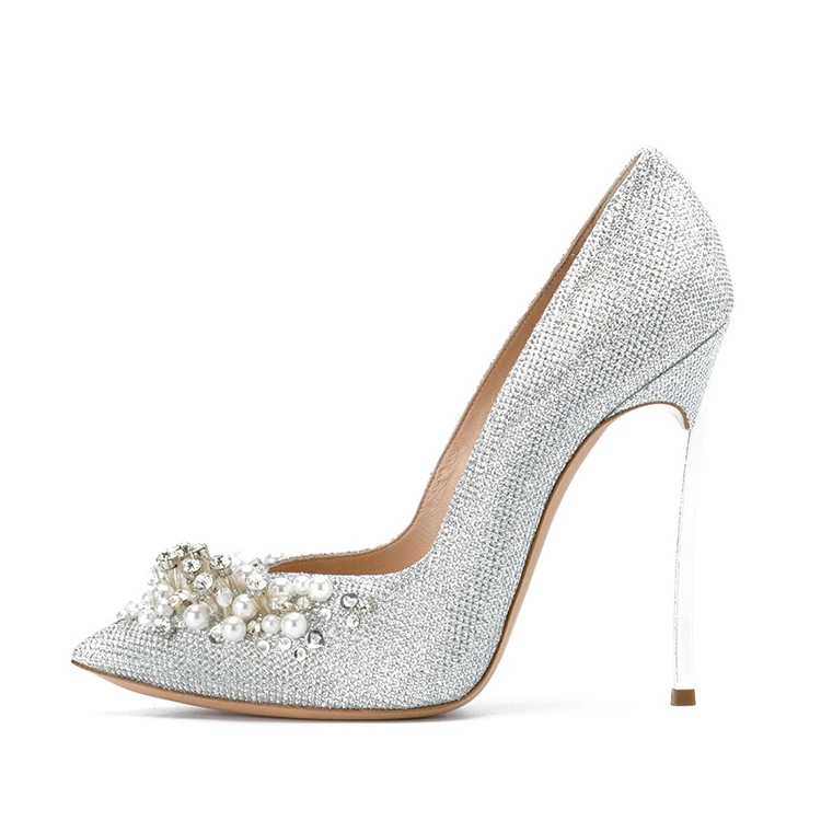 Silver Glitter With Pearls Diamante Women Dress Shoes Wedding Shoes ...