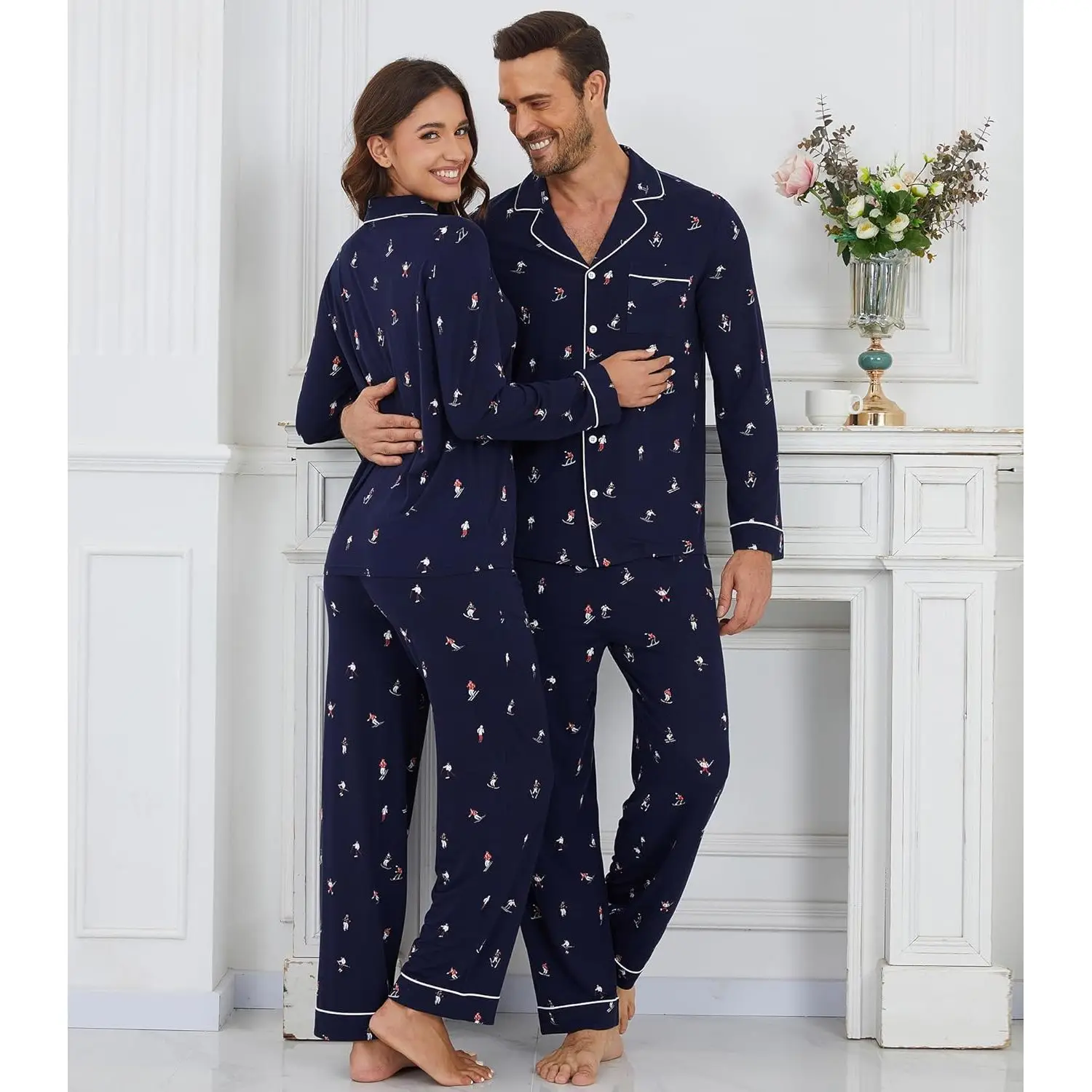 Wholesale Couples Pajamas Set Long Sleeve Sleepwear Bamboo Viscose Women Men Matching PJs Valentine's Pajama Loungewear Bulk