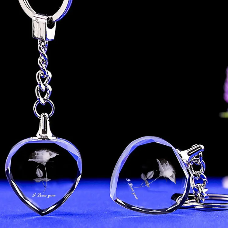 Free Shipping Hot Products Customs Heart Glass Keychain Rose 3d Etched Crystal Keychain For Valentine Day Gifts