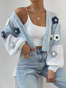 Hot Sale Women's Casual Long Sleeve Open Front V-neck Floral Colorblock Drop Shoulder Knitted Cardigan Buttons Quick Drying