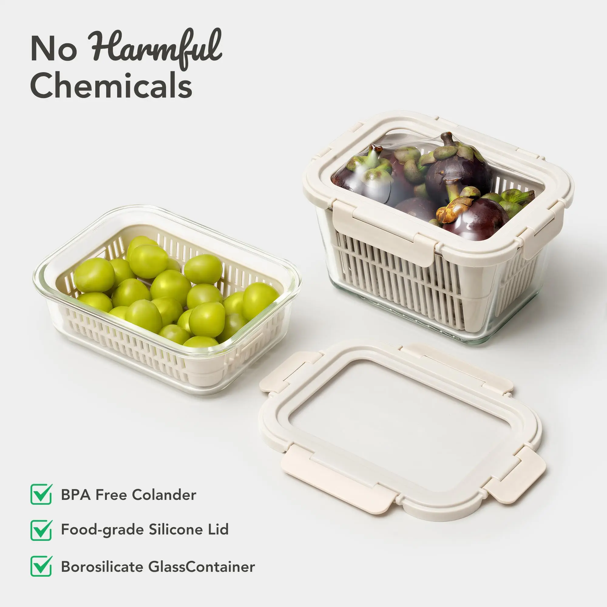 Produce Storage Containers for Fridge with Removable Colanders, Flexible Silicone Lids,LeakProof, BPA-Free