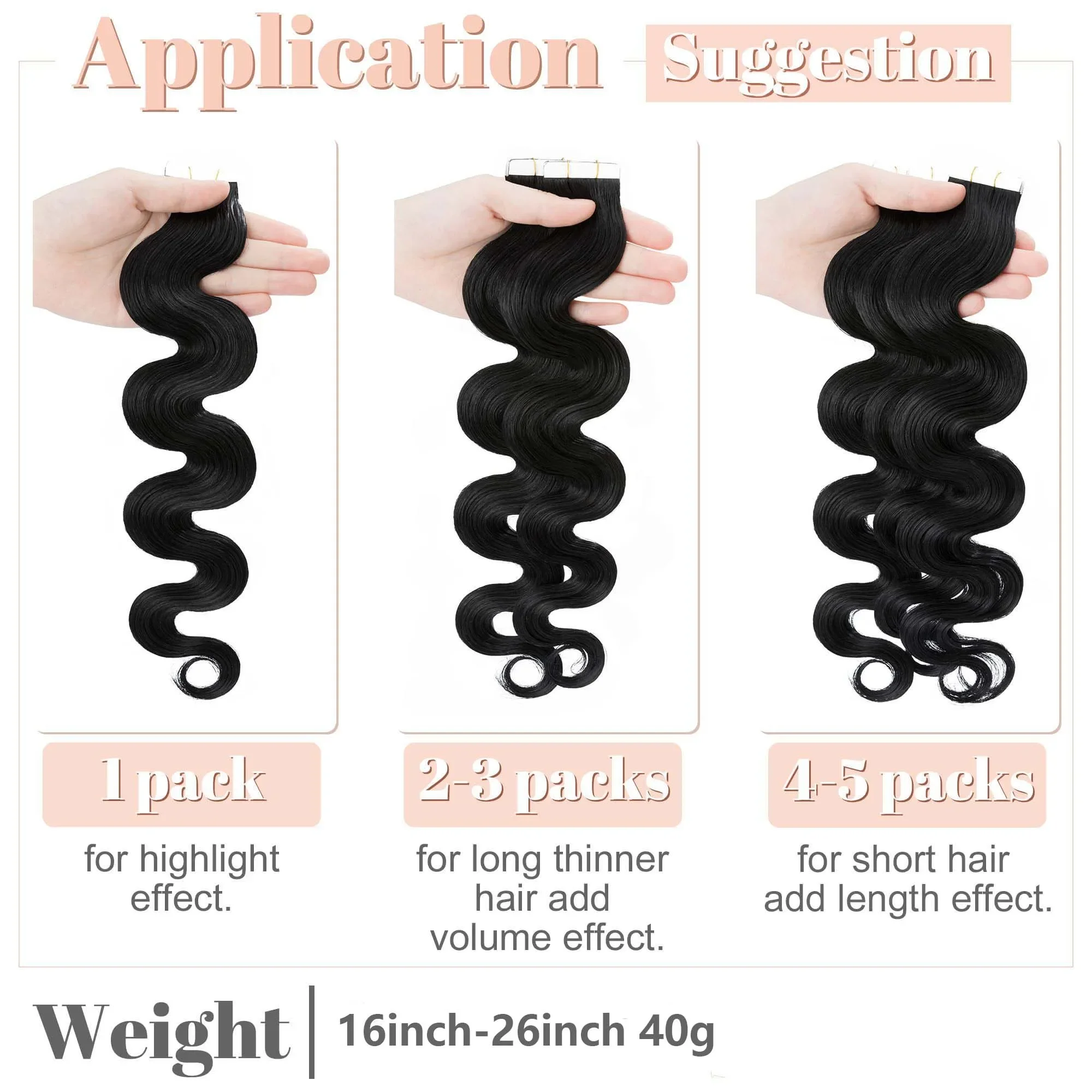 Fita em extensões de cabelo humano onda do corpo brasileiro natural preto #1B cabelo remy pele sem costura trama_voghion.com