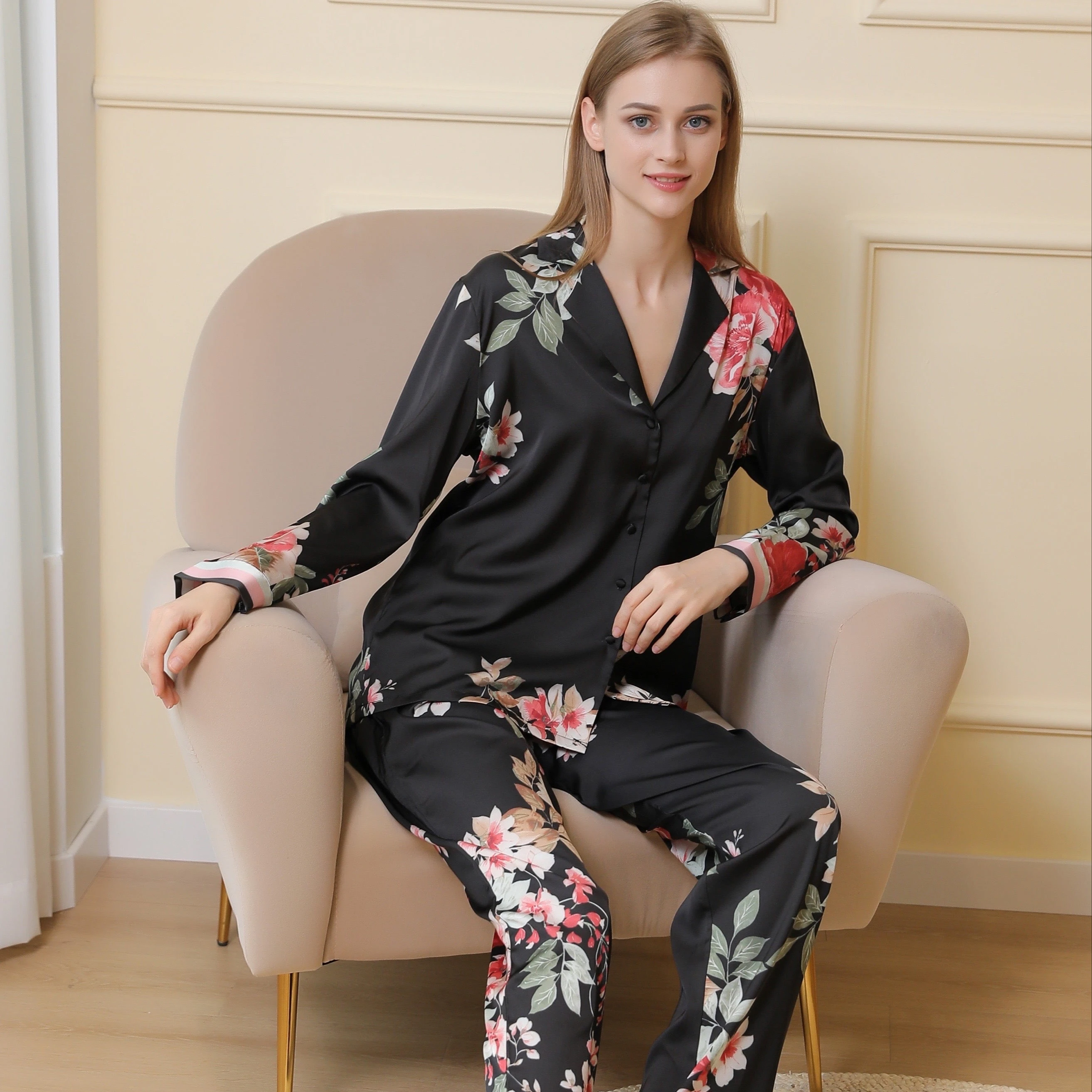 Pama Set Aangepaste Pamas voor Dames Loungewear Pjs Satviscose Blueve Bloemenprint Geweven Effen Polyester Dame Zomerjurk_voghion.com