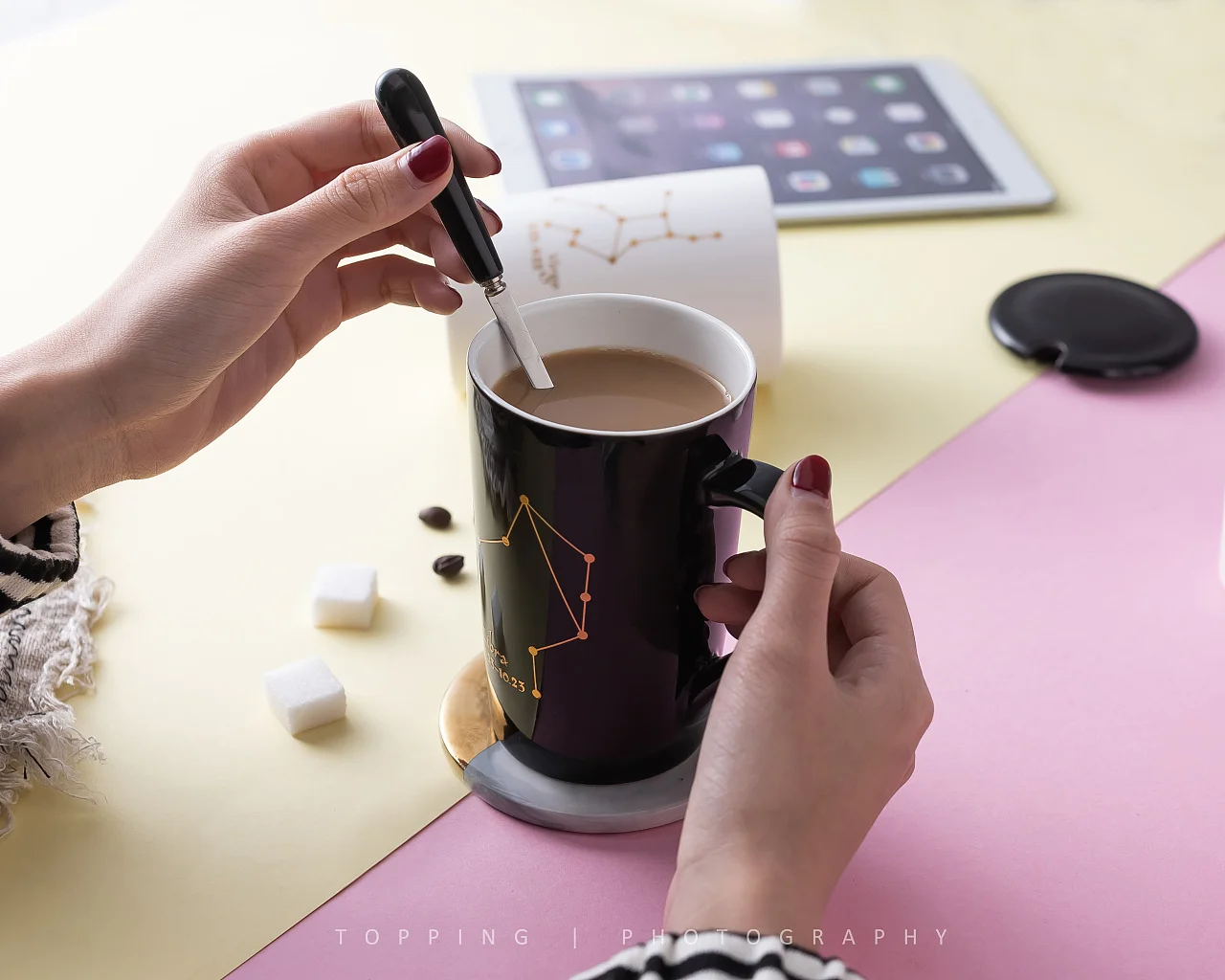 Constellations Ceramic Coffee Milk Mug with Spoon Lid Black and Porcelain Zodiac Ceramic Cup