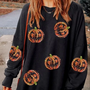 LYG Bestselling Custom Casual Halloween Pumpkin Sequin Embroidery Pattern Long Sleeve Winter Knit White Front Logo Wholesale