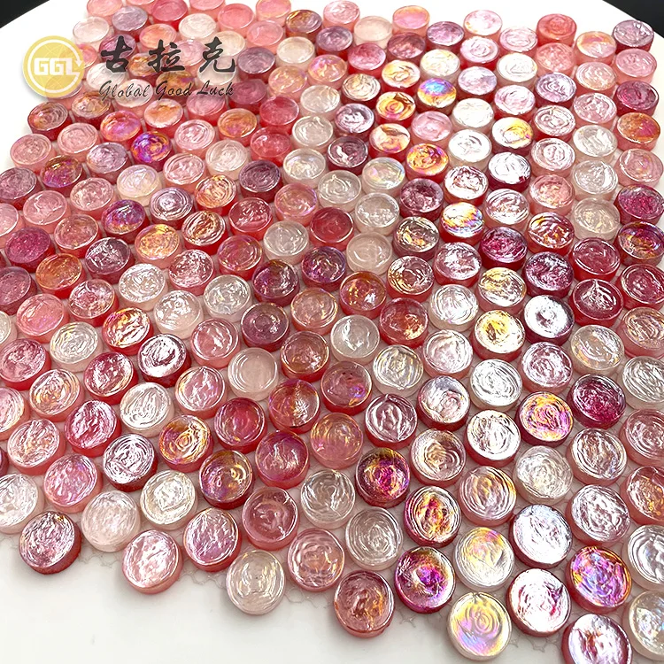 New Round Iridescent Glossy Crystal Glass Tile Pink Color Glass Mosaic Tile Building Material for Wall Pool Decor supplier