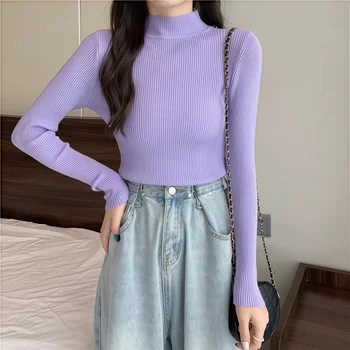 Wholesale New Fashion Women Knitwear Collar Long Sleeve Turtleneck Ribbed Knit Jumper High Neck Slim Casual Sweater