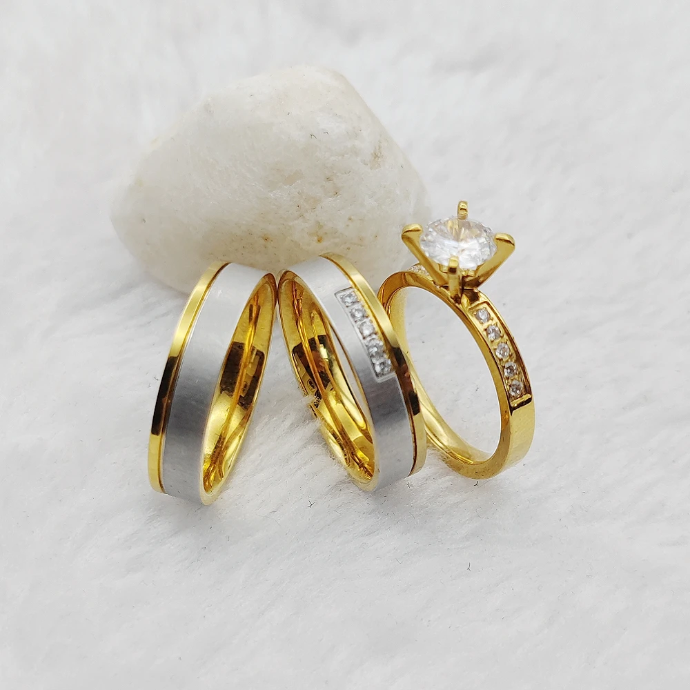 Eco Friendly Jewelry 3pcs Bridal Set Western Golden Titanium Rings