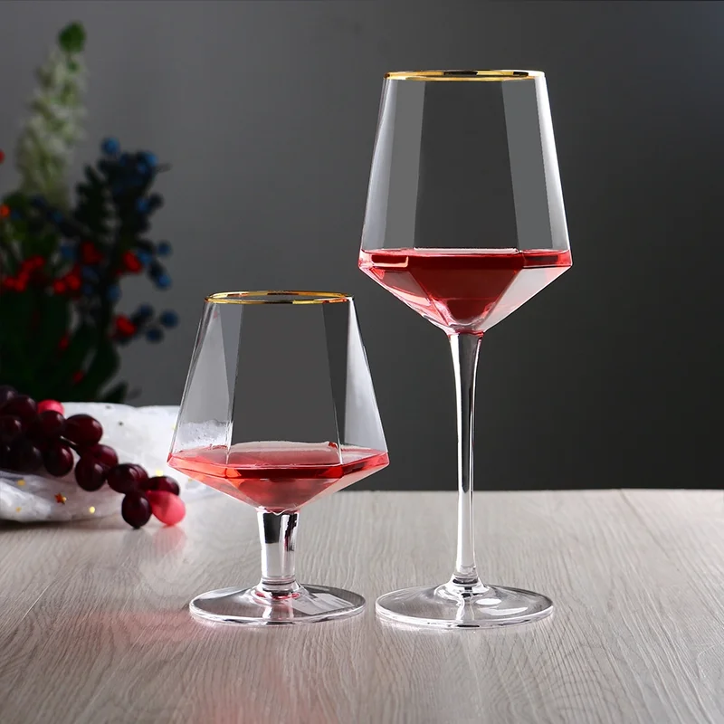Wholesale Luxury Crystal Diamond Shaped Short Stem 14oz Custom logo Gold Rim Good Modern Brandy Goblet Red Wine Glass