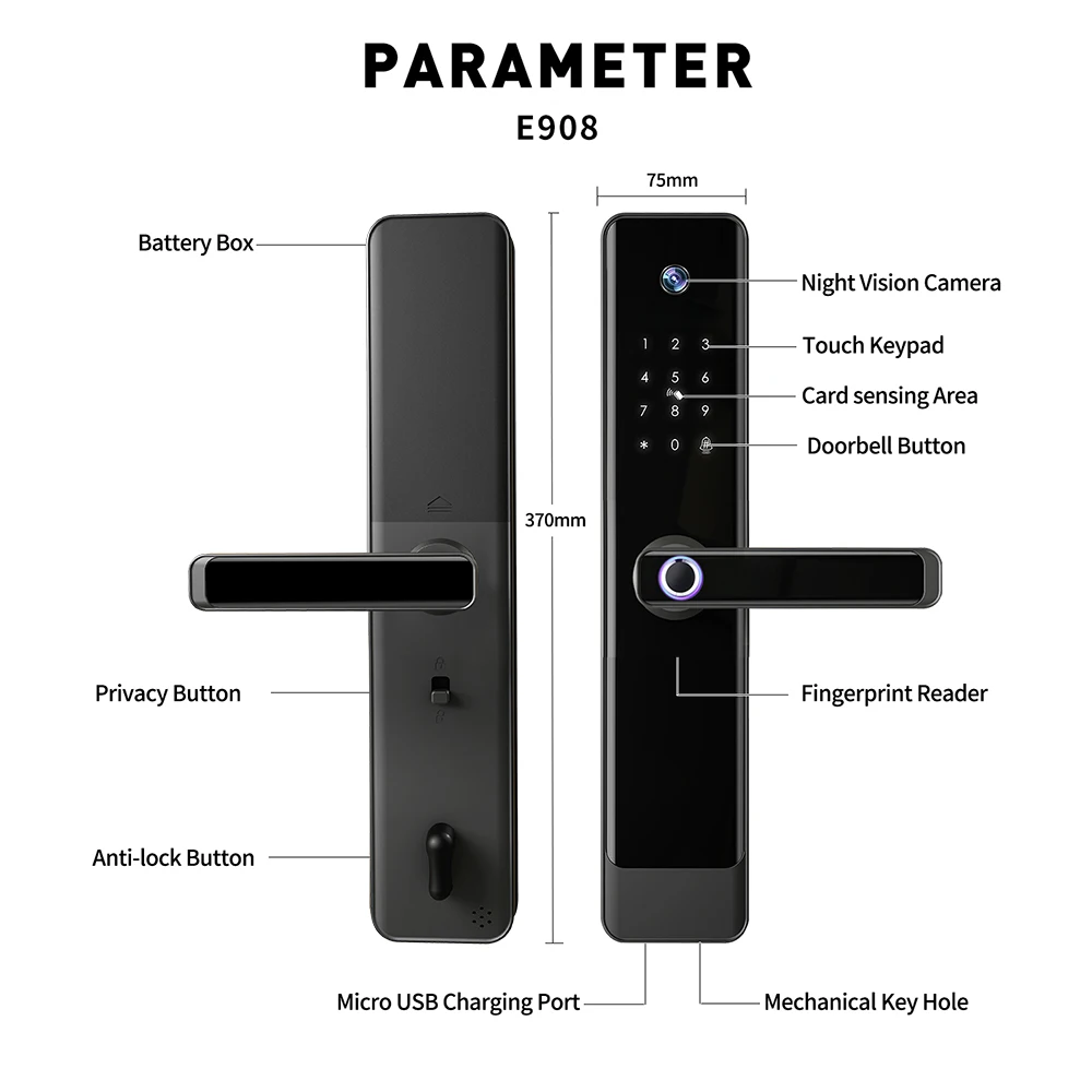 Smartek E908FC Camera 6068 6085 Keyless Entry Fingerprint Code RFID Card Key Lock App Digital Tuya Video Speak Smart Door Lock