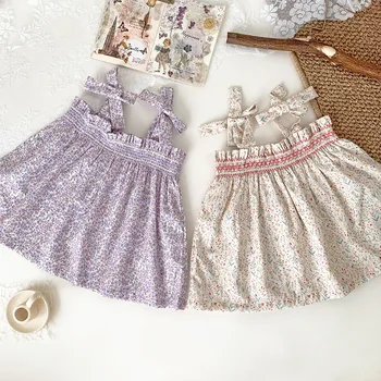 Children's summer cotton smocking shirt girls' floral cute lace-up cool doll camisole