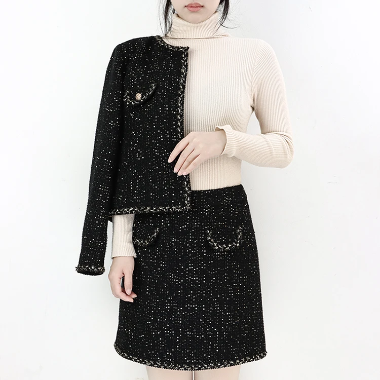 Autumn 2023 women temperament tweed formal skirt suit fashion office wear two piece set