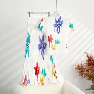 High Quality New Miyake Pleated Clothing Women Summer Pleats Mesh Top and Long Pleated Skirt Set 2-Piece Set