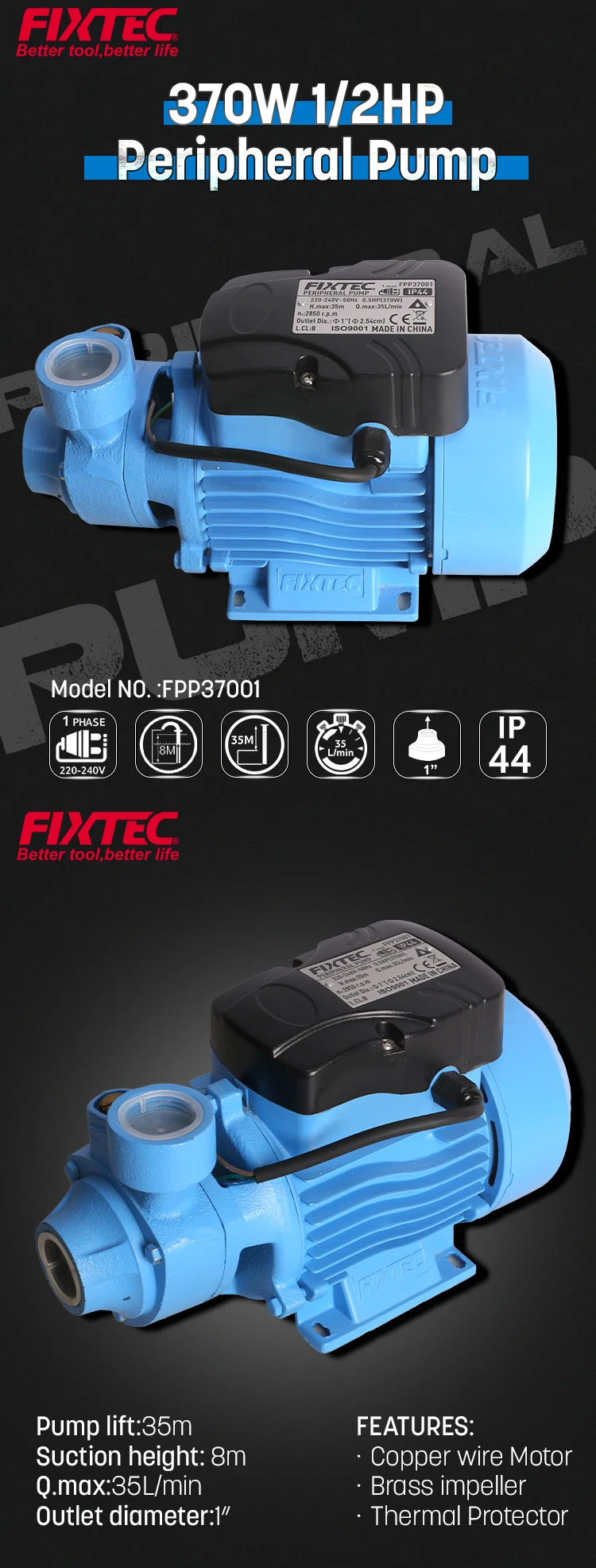 Fixtec 370w(1/2hp) Copper Wire Water Motors Peripheral Mini ...