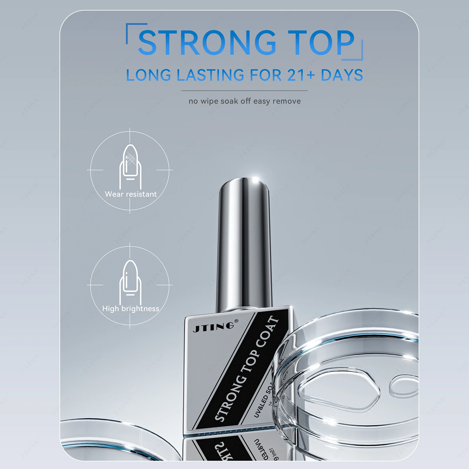 JTING Super Quality High Brightness Strong Top Coat Gel Nail Polish Soak off Hema Free No Wipe Diamond Top Coat Finish Gel