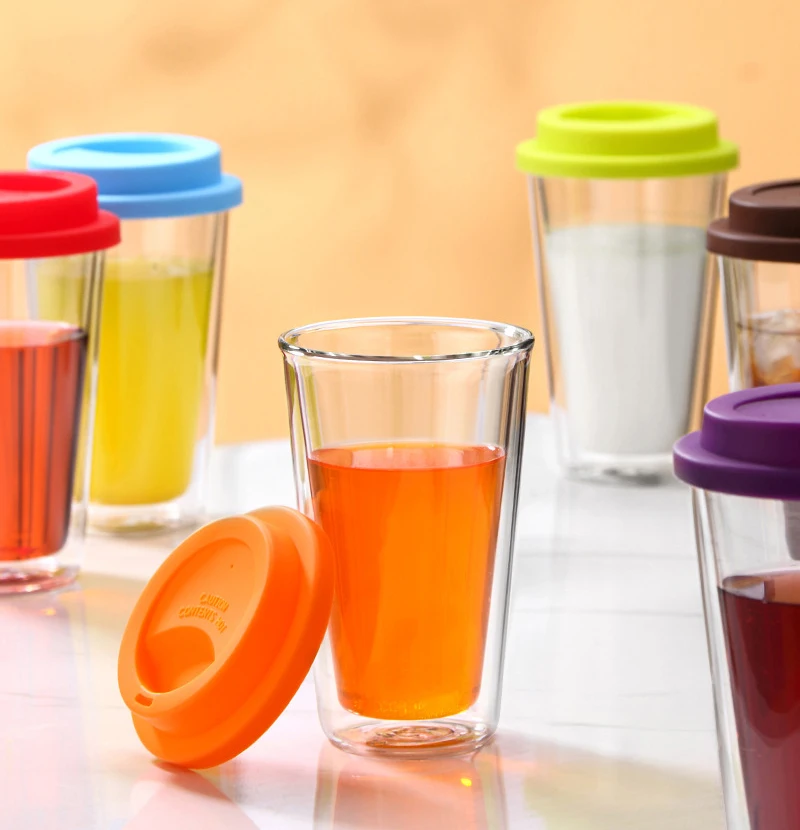 12oz Transparent Smoothie Glass Cup Double Wall Iced Coffee Tumbler Glass  Tumbler Travel Coffee Mug with Silicon Lid and Straw
