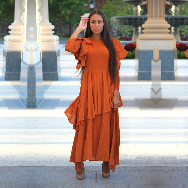 2025 Spring Fashionable Large Size Pleated Dress Elegant Unique Design With Lotus Sleeves for Women Casual Dresses for Adults