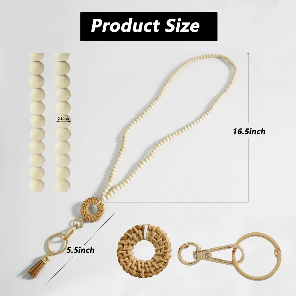 Rattan Wood Bead Lanyard Keychain Work ID Badge Necklace Boho Strap Nurse Teacher Gift Beaded Lanyard Charm Breakaway Clasp