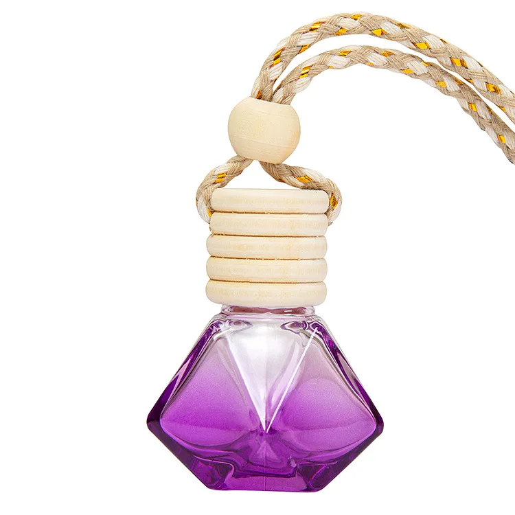 Wholesale 8ml Diamond Shape Hanging Car Essential Oil Fragrance Diffuser Colorful Empty Glass Perfume Bottle Screen Printing