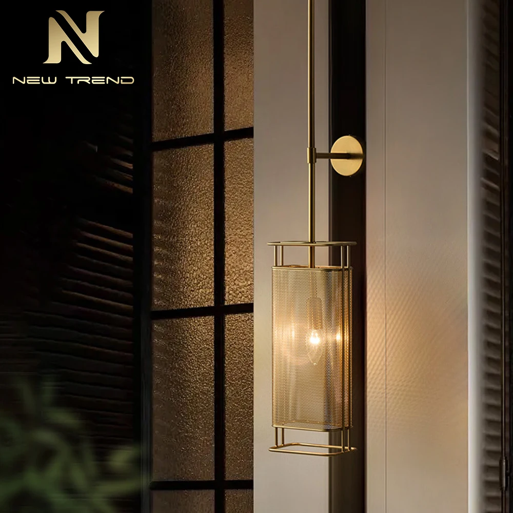 Applique murale CPL-478 de luxe en laiton brossé – Éclairage LED moderne cylindrique en treillis métallique pour chambre d’hôtel haut de gamme