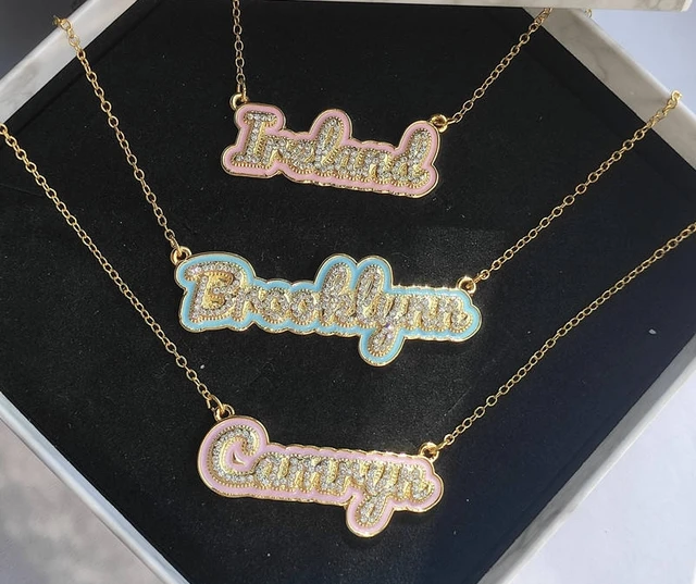 Colorful Enamel Tarnish Free Name Plate Name Necklace Diamond Letters Personalized Pendant Customized Stainless Steel Jewelry