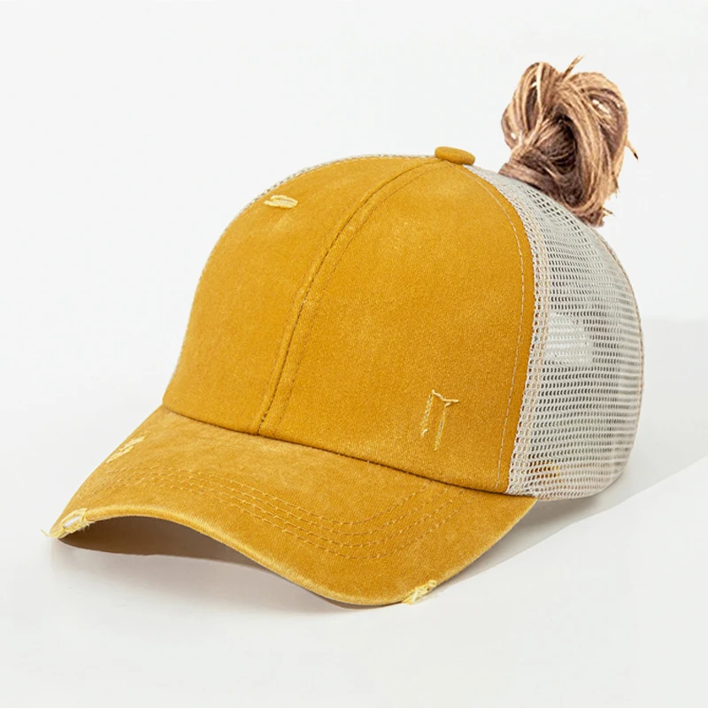 Women's Ponytail Trucker Hat - Bengal Tiger Embroidery, Distressed Cotton, Strapback Closure
