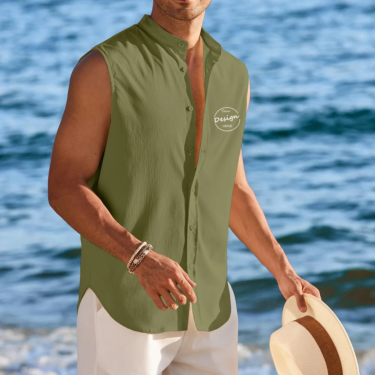 Desgin Men’s Polyester Cotton Blank Sleeveless T-Shirt Button up Band Collar Curved Hem Regular Fit Tank Top