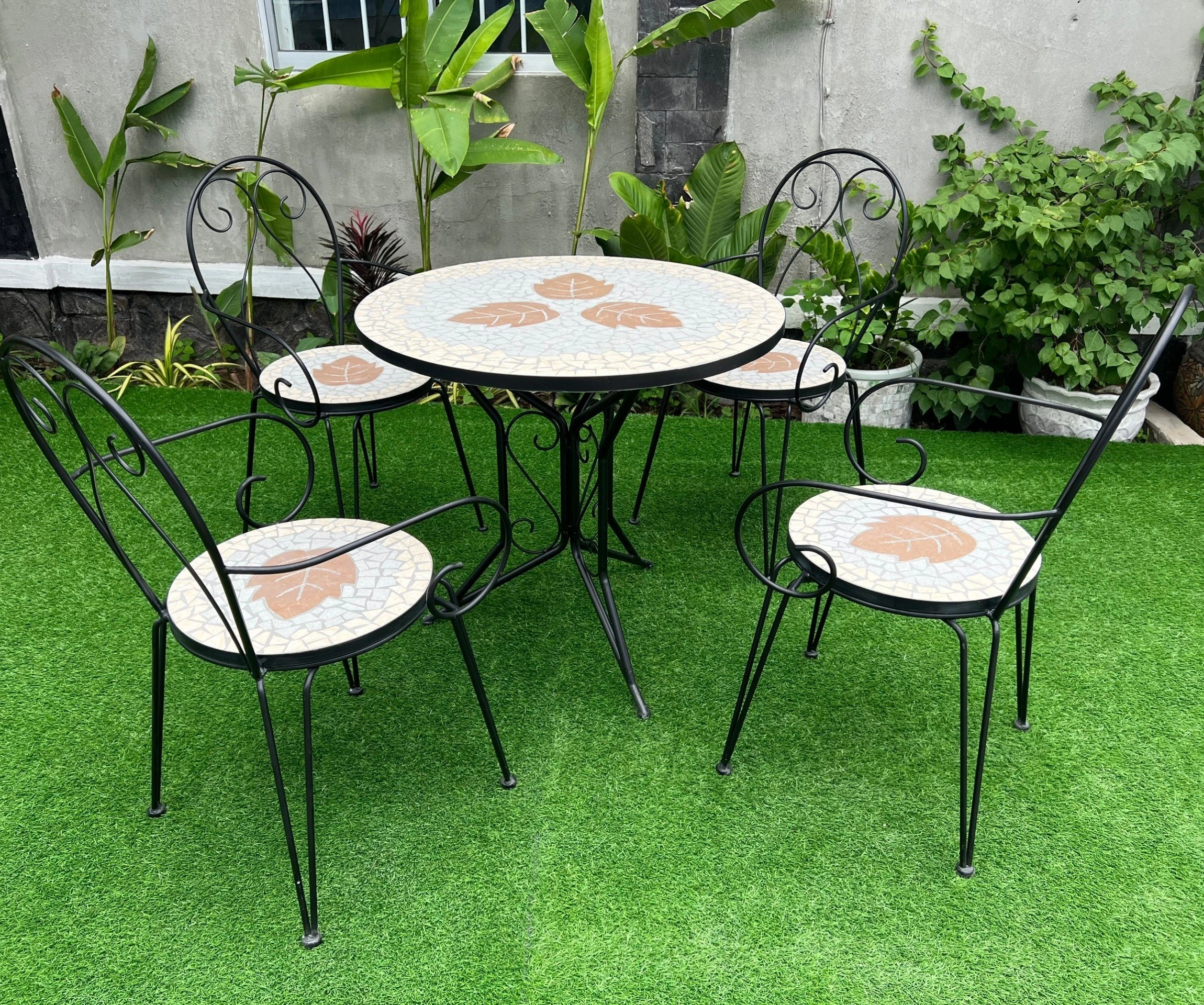 Patio Dining Set Round Mosaic Table with 4 Patio Folding Chairs Garden Outdoor Table and Chairs