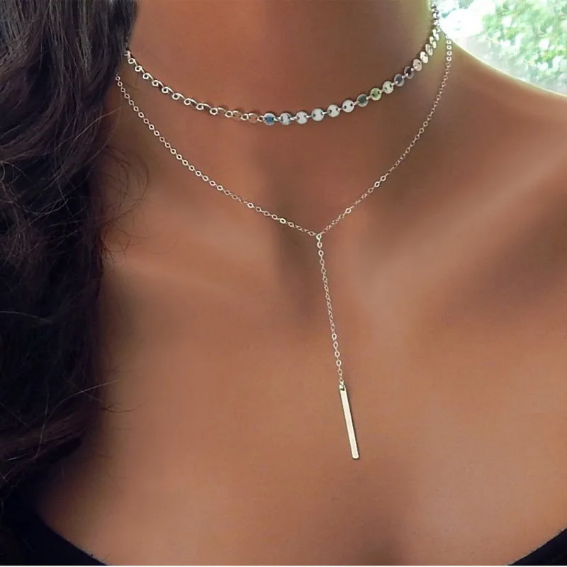 Simple Long Bar Gold Silver Choker Sequins Necklace Coin Chocker Collar  Collier Ras Du Cou Femme Layer Necklaces