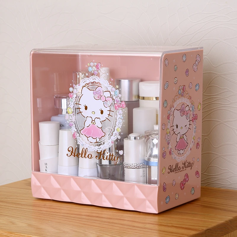 Hello Kitty Hinge Design Cosmetic case Storage Bin for Women Girl Medium Plastic Makeup Organizer Box with Detachable Cover
