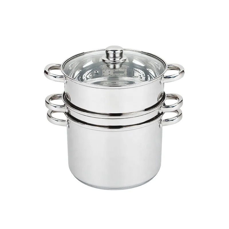 Customized Stainless Steel Cookware 3 Layer Pasta Pot Big Cooking Pot With Steamer