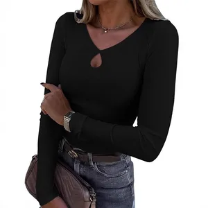 2025 Spring Women's Long Sleeve Hollow Round Neck Casual Ribbed Knitted Slimming T-shirt