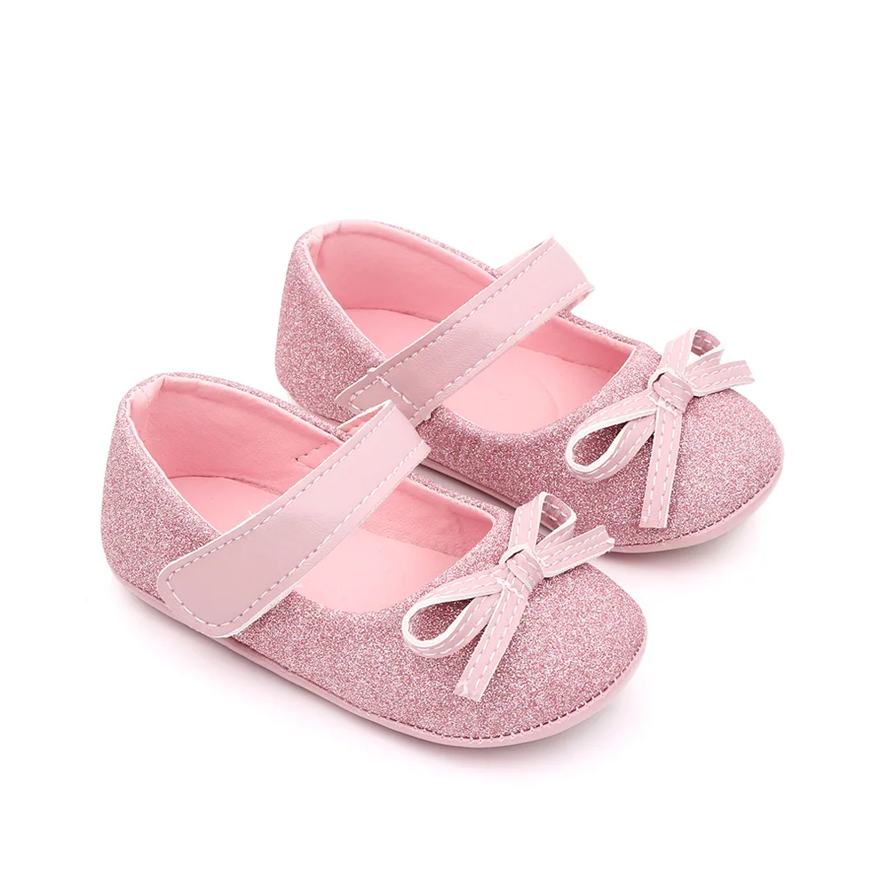 Spring and Summer New Sparkling Solid Color Glitter Bow Baby Girls Princess Walking Shoes supplier
