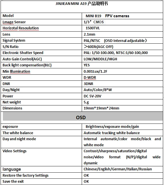 1500TVL With OSD Internal RC Accessories Mini FPV Camera 2.1mm Lens B19 Camera details