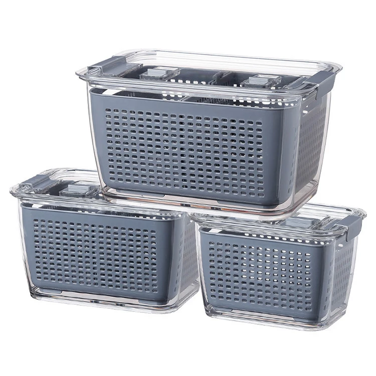 3PCS Set Fruit and Vegetable Drain Basket Preservation Box Refrigerator Organizer Bin Plastic Stackable Fridge Storage Container