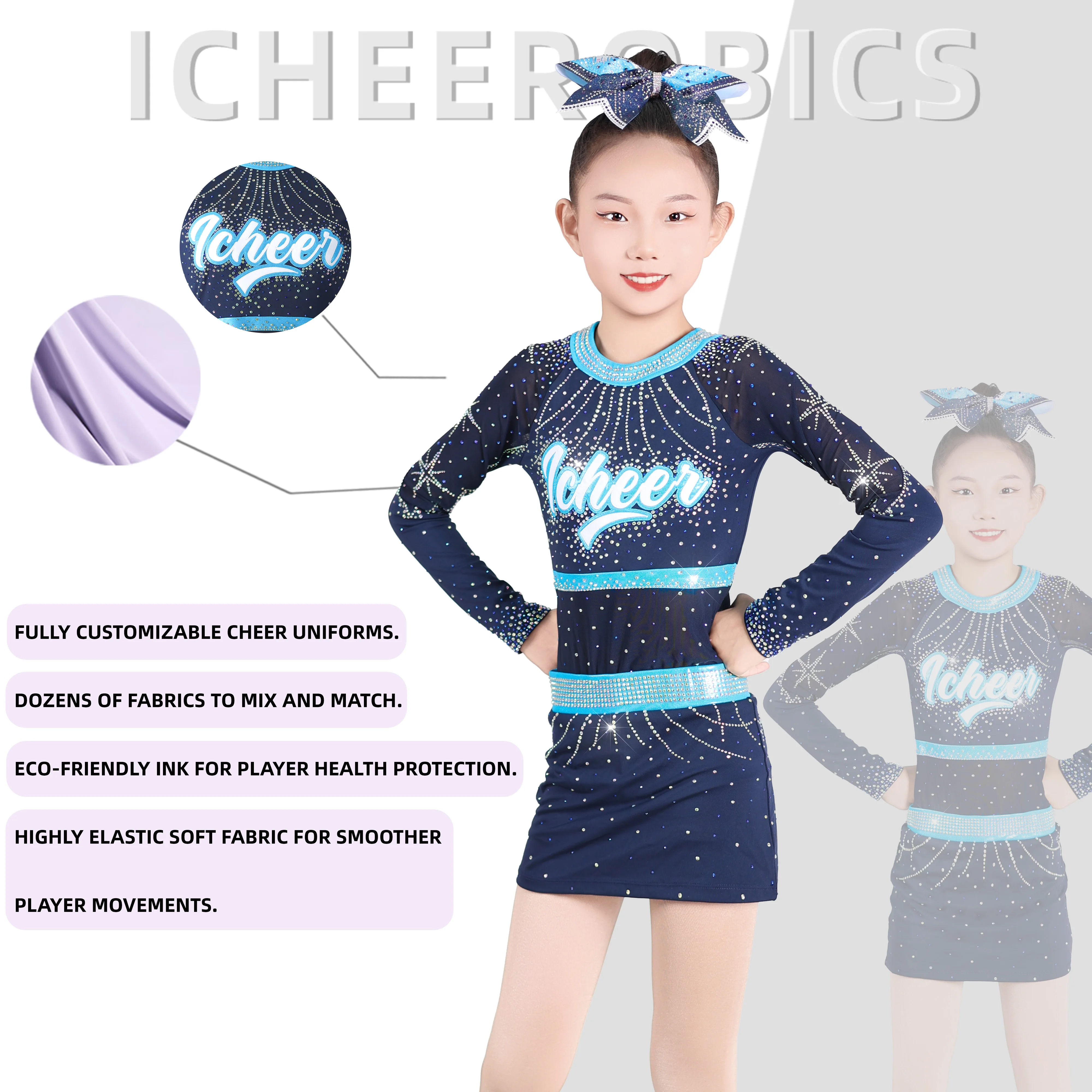 Kids Girls Cheerleading Uniform Cheerleader Modern Ballet Dance Costume Glittery Rhinestones Metallic Long Sleeve Pleated Dress