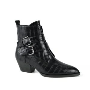 Fashion Black Crocodile Pattern Ankle Boots Double Buckle Pointed Toe Block Heel Durable Sole