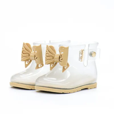 
Весна-Осень 2020, новый дизайн, водонепроницаемые Прозрачные блестящие детские дождевые сапоги из ПВХ с бантом 