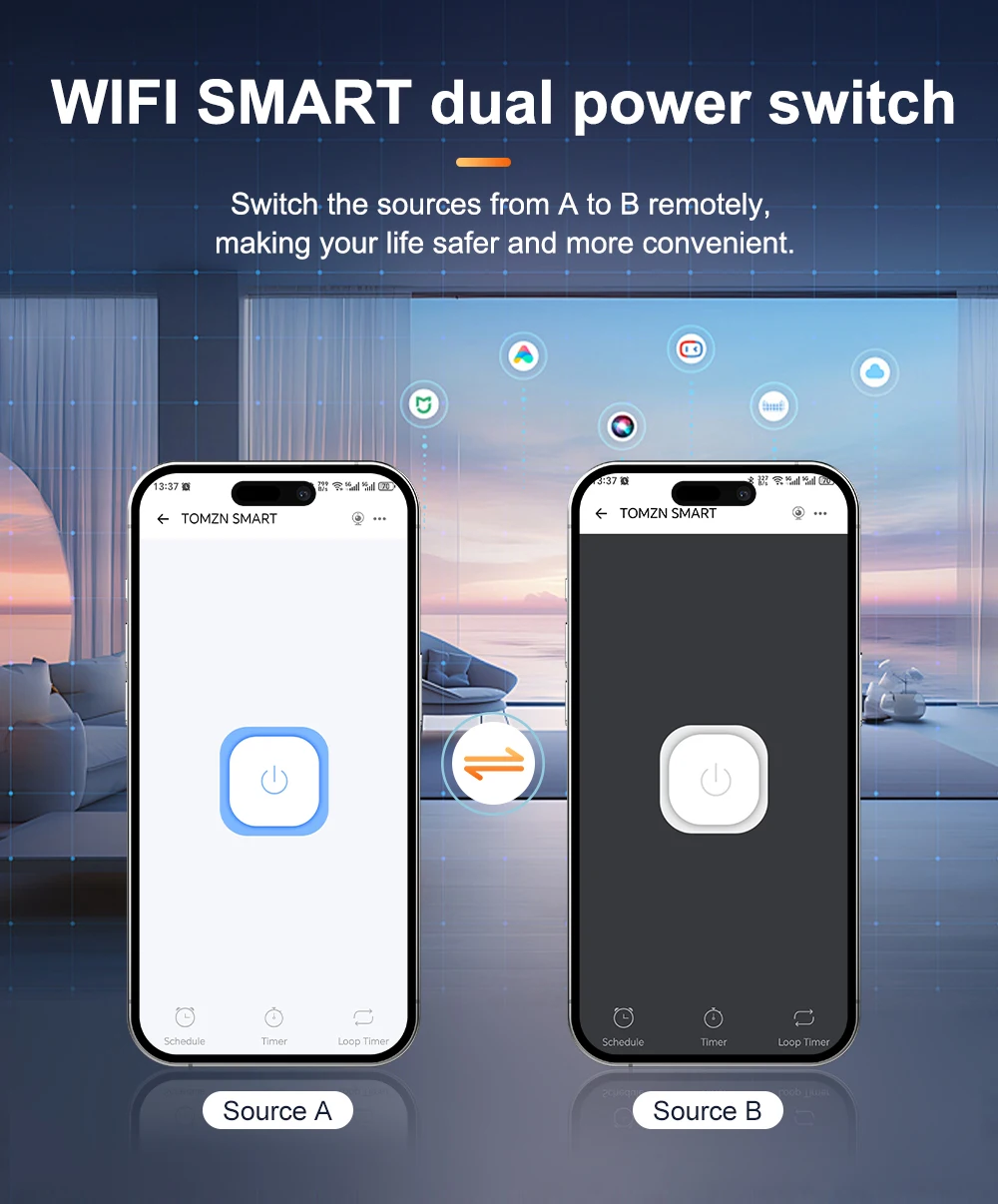 TOMZN Din Rail eWelink WIFI smart ATS timer 230V Dual Power Automatic Transfer Selector Switch Uninterrupted 4P 125A Generator