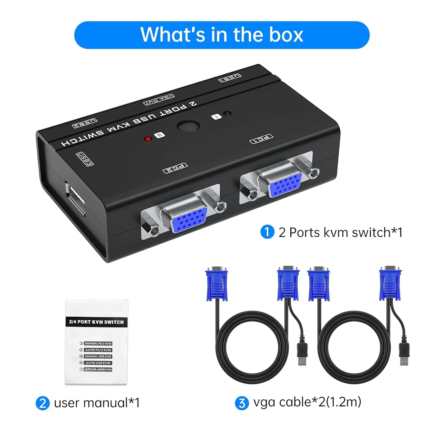 "2-Port VGA KVM Switch 3 USB Hubs PVC Jacket XLR Audio Connectors for 2 Computers Share One Monitor Keyboard Mouse Braid