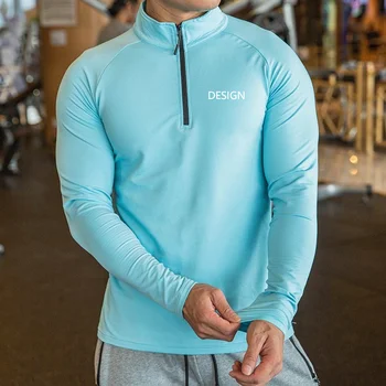 New arrival men gym activewear running training tight fit gym top 1/4 quarter zip long sleeve men's shirts