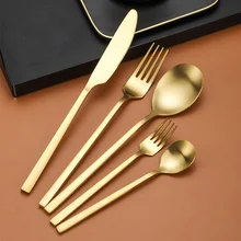 Y1122 5piece Knife Spoon Fork Set Gold Cutlery Set Square Thick Handle Stainless Steel Gold Flatware Sets