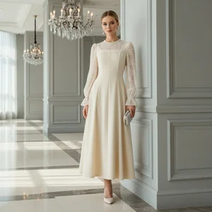 ZYHT 45355 Women's Elegant Ivory Midi Dress Square Neck with Lace Insert & Long Sheer Lace Sleeves Flowy A-Line Dresses