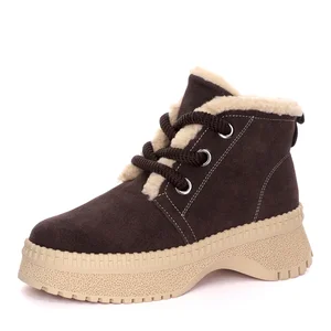 Women Dark Brown Suede Shearling Lined Lace up Ankle Boots Warm Sweet Autumn Winter Casual Daily Comfort Customize Logo OEM ODM